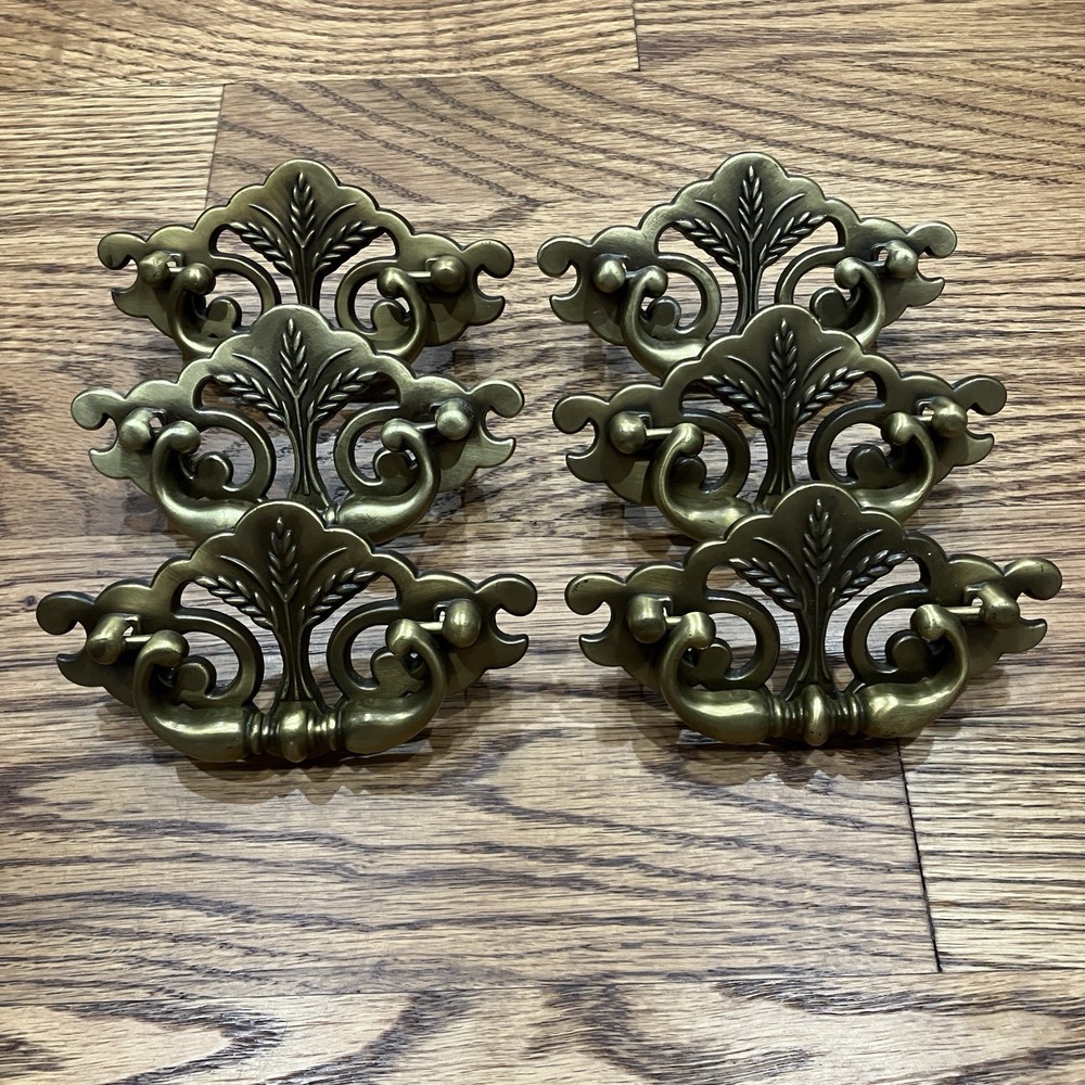 Set Of 6 Vintage Continental Brass Plated Drawer Pulls Wheat Pattern Salvaged